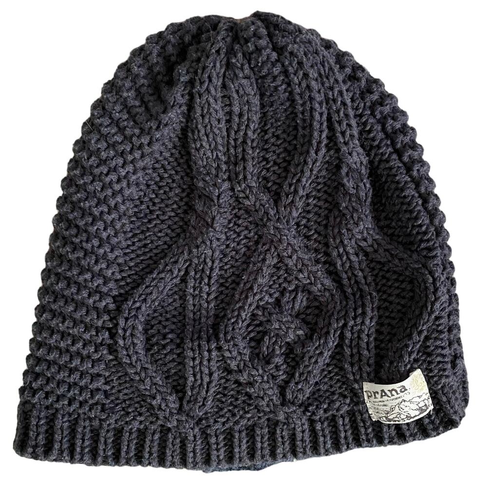 Prana Hemp Blend Cable Knit Winter Hat Beanie Grey Gray Sweater One Size